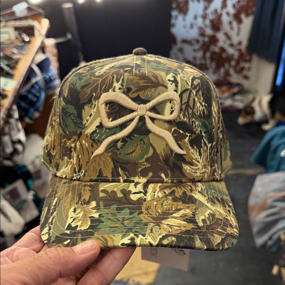 OTTO Camo Baseball Hat in Green and Brown with Bow Accent